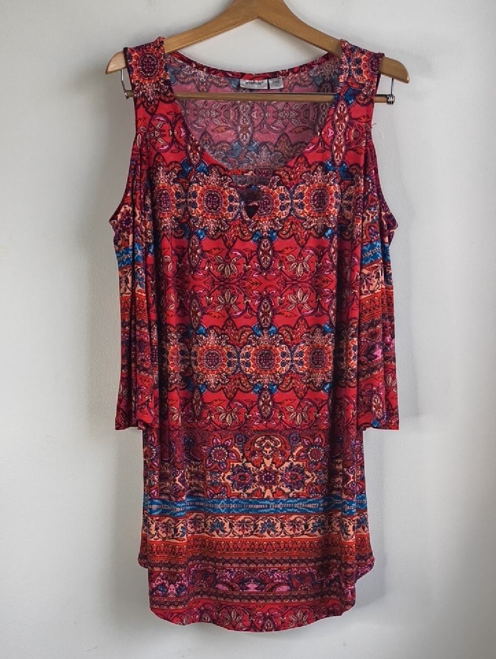Avenue Red and Blue Paisley Cold-Shoulder Mini Dress
